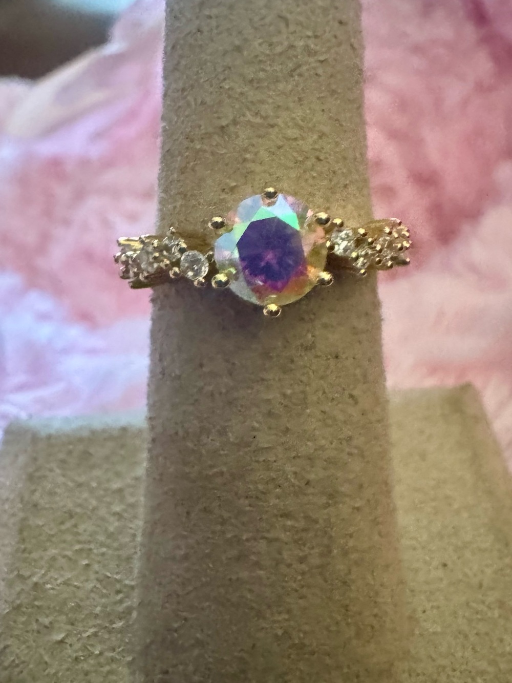 Moissanite Gold Aurora Opal-Cut Solitaire Ring with Side Accents
